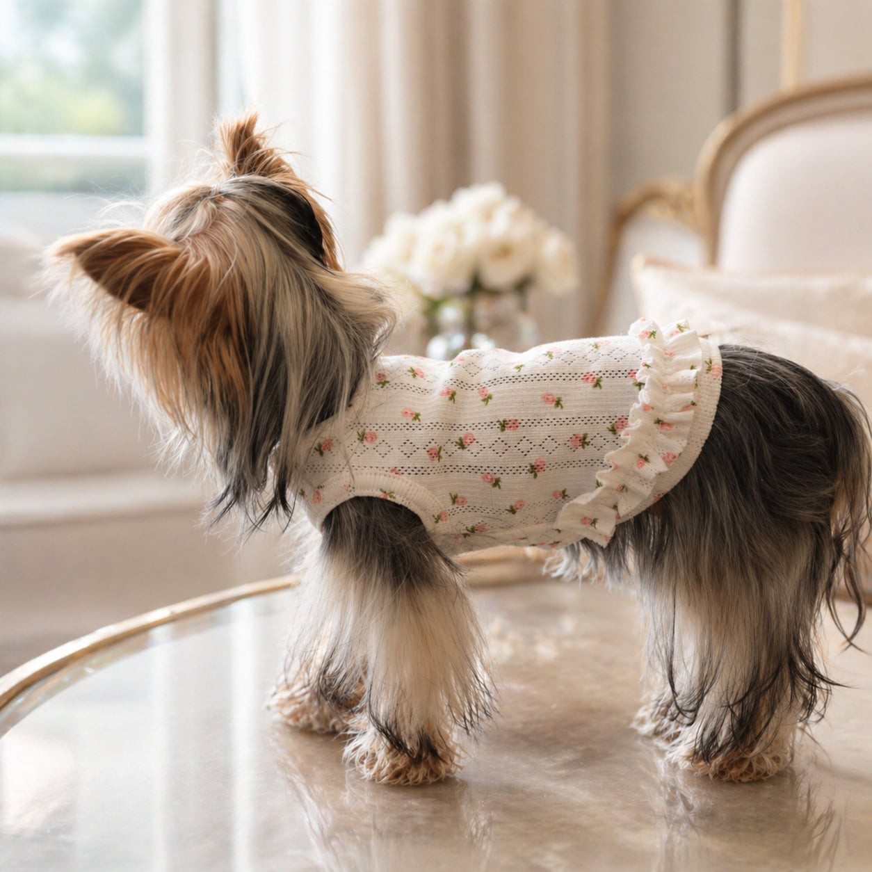 Pointelle Knit Vest with Rosebud Print