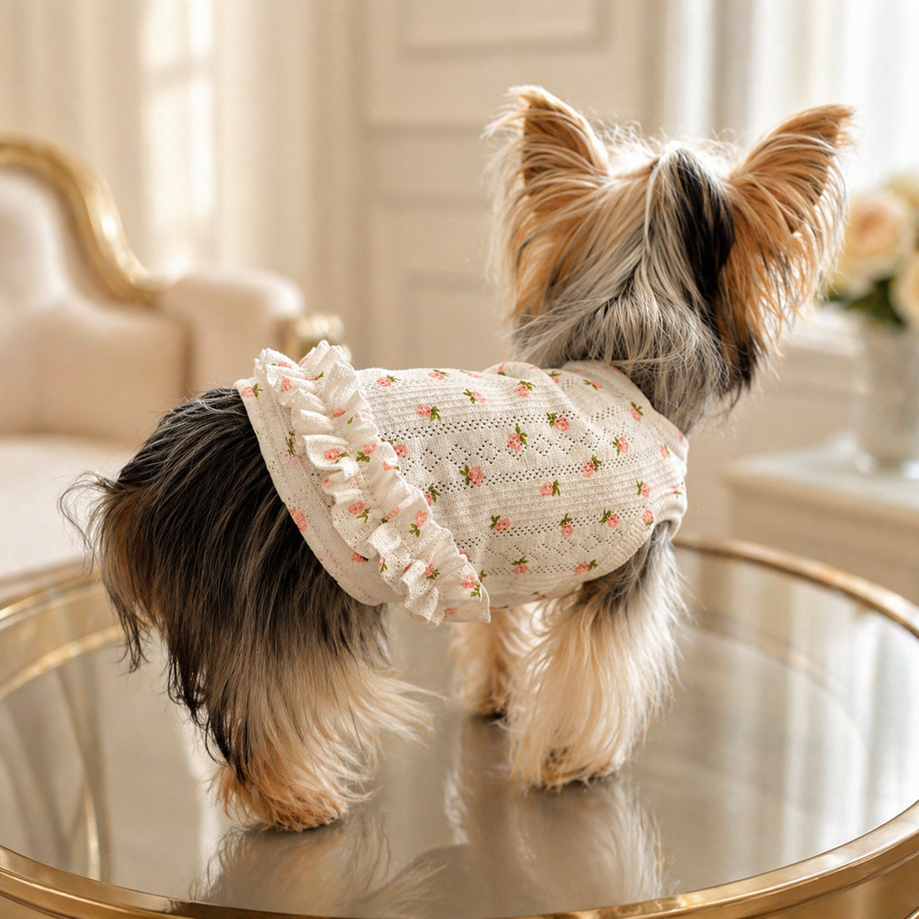 Pointelle Knit Vest with Rosebud Print
