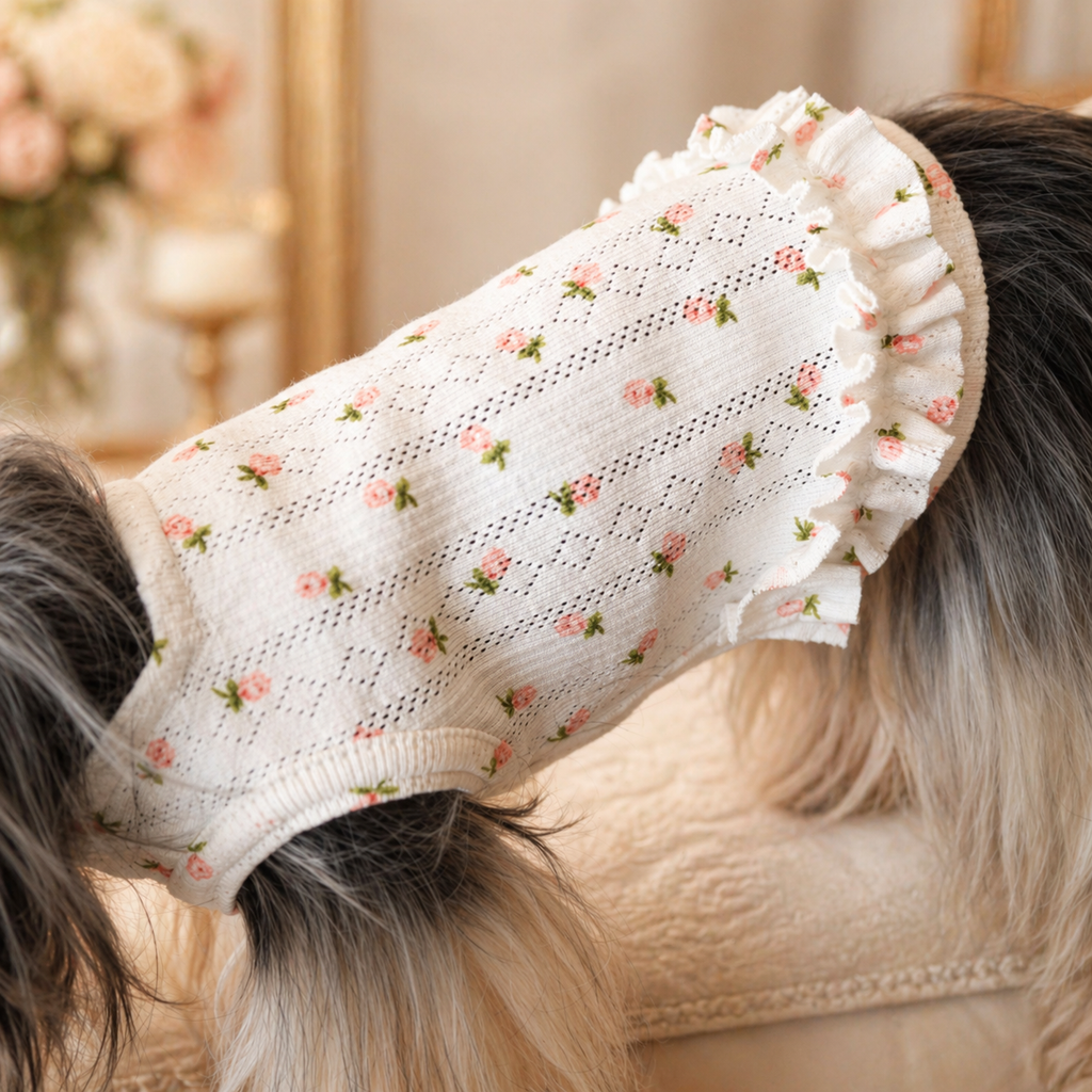 Pointelle Knit Vest with Rosebud Print