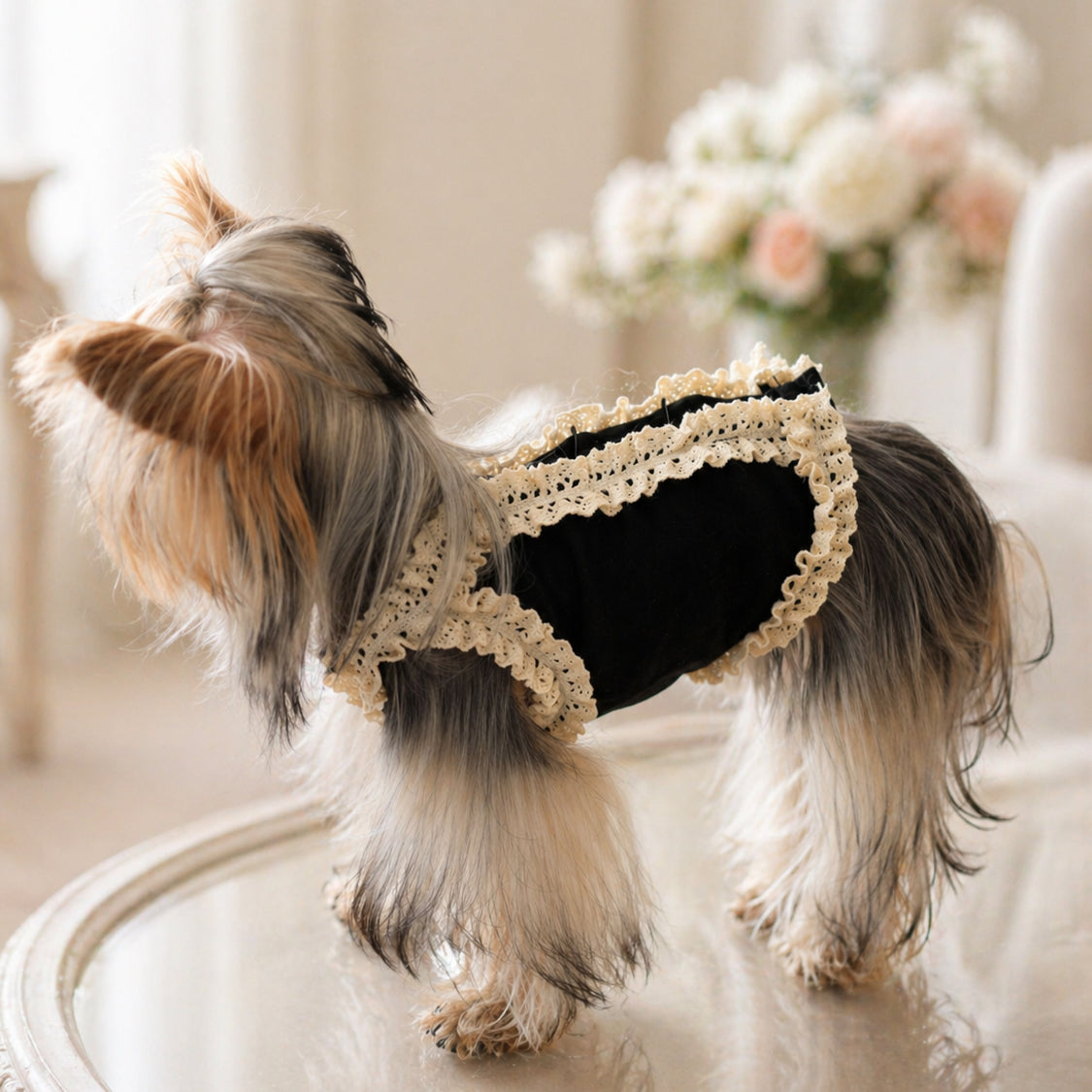 Cotton Vest with Lace Trim — Black